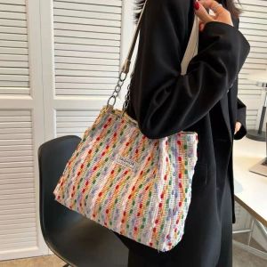 NEW Ladies spring and summer burst rainbow color canvas braided large capacity Tote bags shoulder bags crossbody bag shopping bag beach bags Commuter bag 28CM