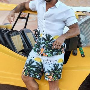 Homens de verão conjuntos de praia streetwear manga curta lapela camisa impressa shorts respirável casual masculino ternos havaianos 2 peças 240321
