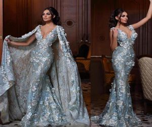 2021 3D Floral Applique Mermaid Evening Dresses with Detachable Cape Sexy Deep V Neck Sleeveless Sweep Train Custom Made Prom Part6231927