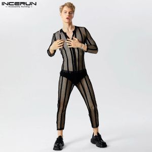 Sexy Homewear Bodysuits INCERUN Men's Stripe See-through Mesh Rompers Stylish Male Comfortable Long Sleeve Thin Jumpsuits S-5XL