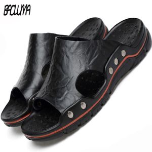 Тапочки мужские кожаные сандалии классические летние мужские тапочки мягкие оригинальные сандалии настоящие кожаные тапочки мужчины римские кожаные слайды