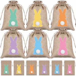 24st påskaren Bunny Burlap Candy Påsar med dragkampan Linen förvaringspåsar Påskfest gynnar dekorati presentförpackningspåse y21f#