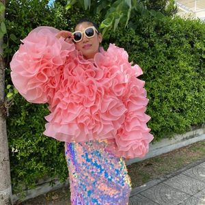 Kvinnors västar mode ruffles voluminös organza kvinnor jacka puff ärmar korta kvinnliga jacekt västar outfit brud jakcet