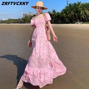 Party Dresses Summer Sweet Floral Printing Pink Color Dress For Women Fashion Elegant Puff Sleeve Casual Lady Ruffles A Line Long