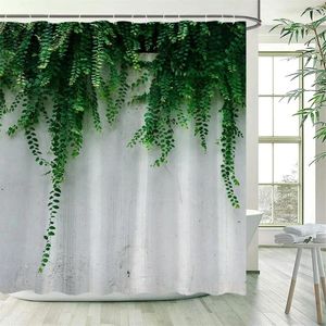 シャワーカーテンのブドウの葉カーテングリーン植物葉灰色の壁スプリング花型風呂セットポリエステルファブリックバスルームの装飾フック付き