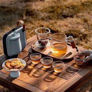 Muggar Portable Travel Tea Set 1st 370 ml Vertical Glass Teapot och 4st 60 ml Kungfu Cups Outdoor Flower Pot Maker