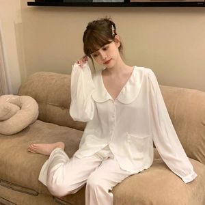 Home Clothing Two-Piece Women Pajamas Set Silk Satin Sleepwear Lingerie Lapel Long Sleeve Shirt Trouser Suit Casual Pijamas Homewear