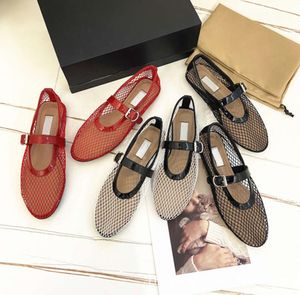 Toppversion Round Toe Mesh Belt Buckle Ballet Shoes for Women Ala * Flat Bottomed Hollowed Out Mary Jane Single Fishing Net GWSD