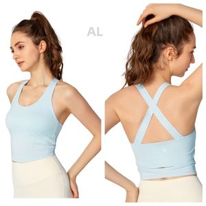 al Wearing yoga bra, fitness top, sexy cross shaped back, sports vest for women with chest pads, running, and tight fitting sports vest