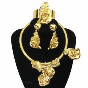 Necklace Earrings Set Selling Dubai Italian Gold Plated Jewelry Women's Wedding Party Banquet Big Pendant Light Weight Bold FHK17040