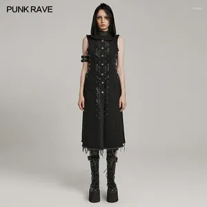 Women's Vests PUNK RAVE Decayed Washed Denim Long Vest Handsome Drawstring Casual Black Coat Women Clothing