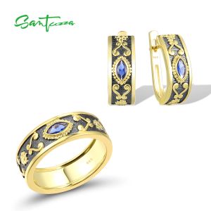 Set SANTUZZA Set di gioielli in argento sterling 925 per le donne Marquise a forma di occhio Blu CZ Orecchini con placcatura in oro giallo Set di gioielli pregiati