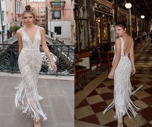 Berta 2019 Plaj Gelinlik Boncukları Dantelli Sırtsız Daldırma Boyun Vintage Gelin Gowns Ayak Bileği Uzunluğu Gelinlik 3704222