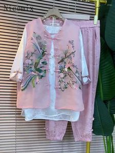 Calças femininas de duas peças verão moda conjunto mulheres retro estilo chinês botão bordado colete camisa três roupas