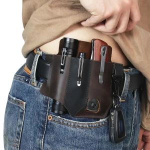 Outdoor Leather EDC Tool Knife Sheath Pockets Multitools Holder Essentials Organizer Belt Pouch Pocket Hunt Tactical Flashlight