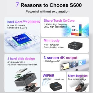 Morefine 12th Gen Gaming Mini PC S600 Intel I9 12900HK 14 Core 20 Tråd 2*DDR4 3200MHz 2*LAN Windows 11 Pro WiFi6 Mini Computer