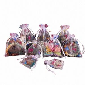 100pcs/lot 7x9cm 9x12cm 10x15cm Butterfly White Organza Drawstring Bags For Jewelry Candy Packing Bag Storage Display Pouch 57xc#