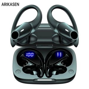 Hörlurar sport Bluetooth Earphones Tws med Earhook LED -laddning av fall typ C trådlösa hörlurar Stereo Gaming Headset med mikrofoner