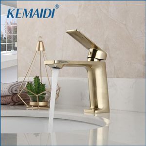 Bathroom Sink Faucets KEMAIDI Solid Brass Brush Golden Basin Faucet Deck Mounted Vanity Mixer Single Lever Tap Plumbing Fixture