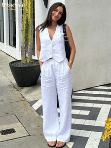 Clacive Summer White Linen Two Piece Set For Women Fashion Sleeveless Tank Top In Matching High Waist Wide Pants 240321