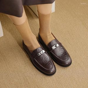 Casual Shoes Women Flats Round Toe Daily Lady Footwear Spring Autumn Sheepskin Slip On Silver Buckle Woman Loafers