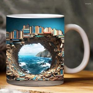 Canecas Cerâmica 3D Library Booksheld Canela Cuple Creative Water Cup com Handle Handle Multi-Purpose Book Looks Milk Birthday Gift