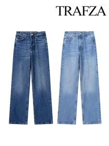 Kvinnors jeans trafza höst mode chic denim byxor blå hög midja fickknapp blixtlås street y2k