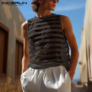 Men's Tank Tops Sexy Casual Style INCERUN 2024 Mens Horizontal Striped Mesh Perspective Vests Party Clubwear Sleeveless S-2XL