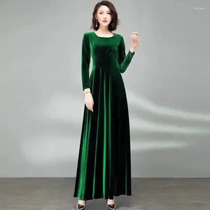 Casual Dresses Noble Women's Clothing Lady's 2024 Autumn Gold Velvet Long-Sleeved Dress Waist Temperament Large Swing Long Women