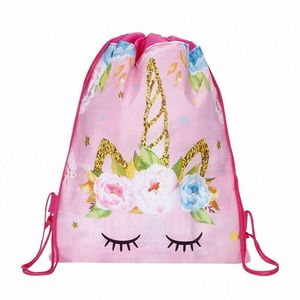 Borsa con coulisse unicorno per ragazze Pacchetto di stoccaggio da viaggio Carto Zaini scolastici Bambini Compleanno Bomboniere Borse Organizzatori P71o #