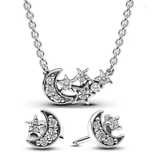 Кольца кластера, оригинальное стерлинговое серебро 925 пробы, сверкающее ожерелье с луной и звездами, серьги с кристаллами для женщин, подарочный комплект ювелирных изделий