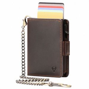 crazy Horse Leather Card Holder RFID Blocking Card Case Smart Pop-up Cardholder Fi Men's Wallet with Lg Anti-theft Chain 32SR#