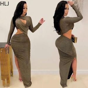 Casual Dresses HLJ Fashion Hollow Out Side Slit Bodycon Women Round Neck Long Sleeve Irregular Vestidos Female Solid Party Club Clothes