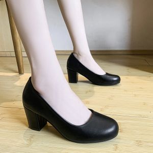 New Soft Leather Pumps Women Basic Spring Square High Heels Office Career Comfortable Shoes Lady Round Toes Work Shoes Black