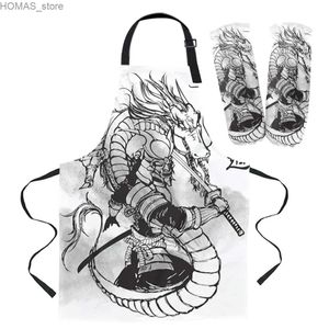 Aprons Japanese Samurai Kitchen Aprons Kit Unisex Dinner Party Cooking Bib Funny Pinafore Cleaning Apron Sleeve Baking Gloves Y240401