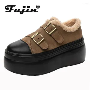 Модельные туфли Fujin, 8 см, замшевые женские зимние модные ботинки из натуральной кожи с плюшевым мехом, повседневные модные ботинки на танкетке до щиколотки с плюшевым мехом