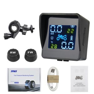 Bästa kvalitet USB Solladdning Motorcykel TPMS Motordäck Tryckdäcktemperaturövervakning Alarmsystem med 2 externa