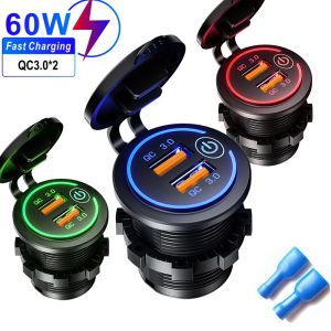 Quick Charge 3.0 Dual USB Fast Car phone Charger Socket Accessories Waterproof 12V 24V Power Outlet with Touch Switch Led Light