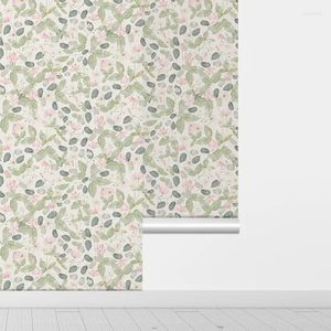 Wallpapers Yellow Pink Floral Self-adhesive Wallpaper Green Leaf Flower Waterproof PVC Peel And Stick Furniture Cabinet Sticker