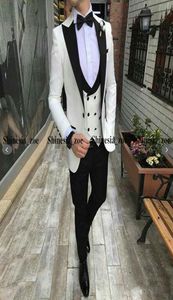 Vit brudgum tuxedos herr bröllop kostymer svart toppade lapel man blazer 3 bit smal passform manlig jacka byxor dubbelbröst5609231