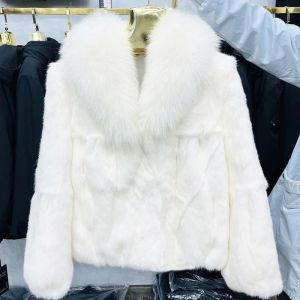 100% Genuine Whole Skin Rabbit Fur Coat with luxury Real Natural Fox Fur Collar Jacket Full Pelt Rabbit Fur Overcoat HT89