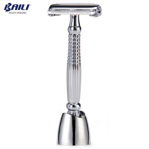 Razor Baili Långhandtag Double Edge Barber Safety Blad Razor Shaver Butterfly Twist Open +5 Blades +Stand/Base/Holder BD279L