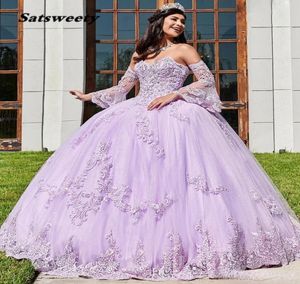 Abito da ballo con perline in pizzo lavanda Abiti stile Quinceanera Scollo a cuore Tulle con applicazioni Abiti da ballo con strascico avvolgente Sweety 156622828