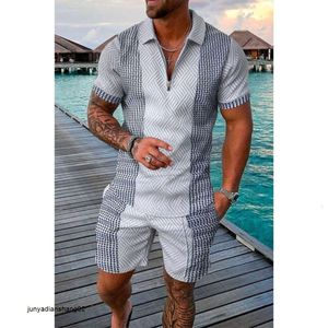 Summer New Mens Chain Polo Shirt Set with Printing Fashionable Slim Fit Trendy Short Sleeved Two-piece Igwk