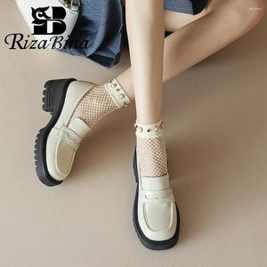 Casual Shoes Rizabina Women Penny Loafers äkta läderbitar Chunky Heel Round Toe Slip On Ladies Uniform JK Classic Flats Handmade
