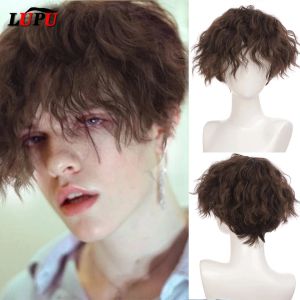 Parrucche LUPU Parrucca sintetica per capelli corti ricci da ragazzo Nero Marrone Naturale Capelli finti finti per uomo Bello Natale Halloween Resistente al calore