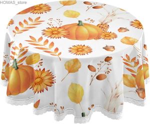 Table Cloth Round Waterproof Tablecloths Pumpkins Leaves Autumn Fall Spillproof Fabric Table Cloth Cover for Buffet Party Holiday Dinner Y240401