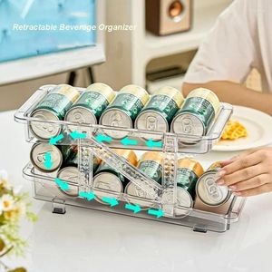 Kitchen Storage Fridge Beverage Rack Retractable Beer Soda Cans Organizer Double Layers Can Shelf Bottle Holder Dispenser