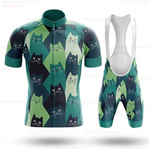 Mens Cycling Clothes Funny Cartoon Cat Summer Short Sleeve Cycling Jersey Set Breathable Quick Dry Sportswear Bike Uniform 240325