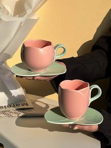 Ceramic Tulip Cups Mug Saucers Suits with Tray Flowershaped Coffee saucers lovely drink cups 240328